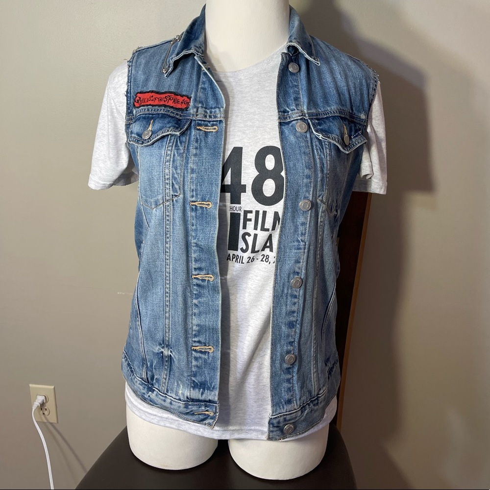 Distressed Denim Jean Vest with Red Band Patch